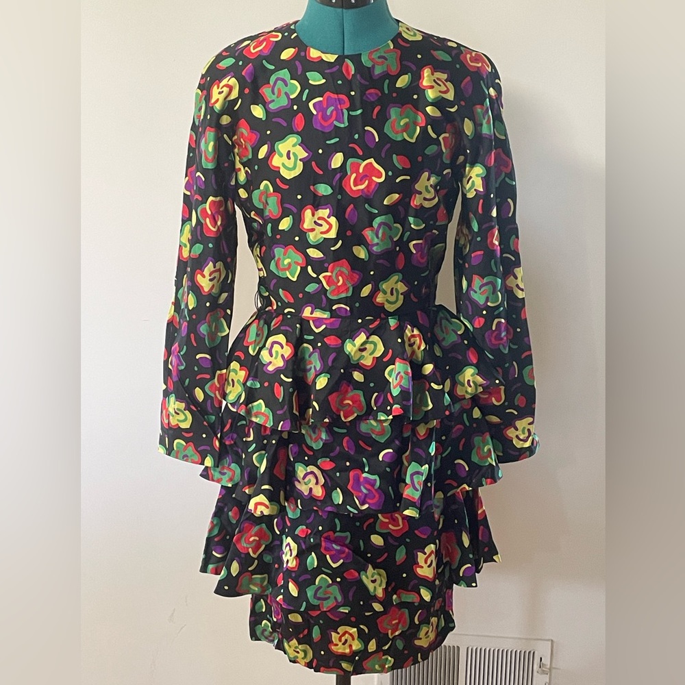 SEDASI Vintage 1980s Tiered Ruffled Silk Long Sleeve Floral Party Dress